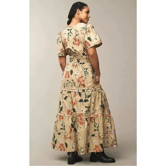 Anthropologie The Somerset Maxi Dress Cotton Tiered in Khaki Floral - Picture 2 of 8